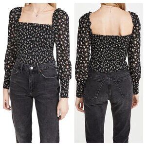 Reformation Pinto Smocked Floral Print Top Sz 1X Black Freesia